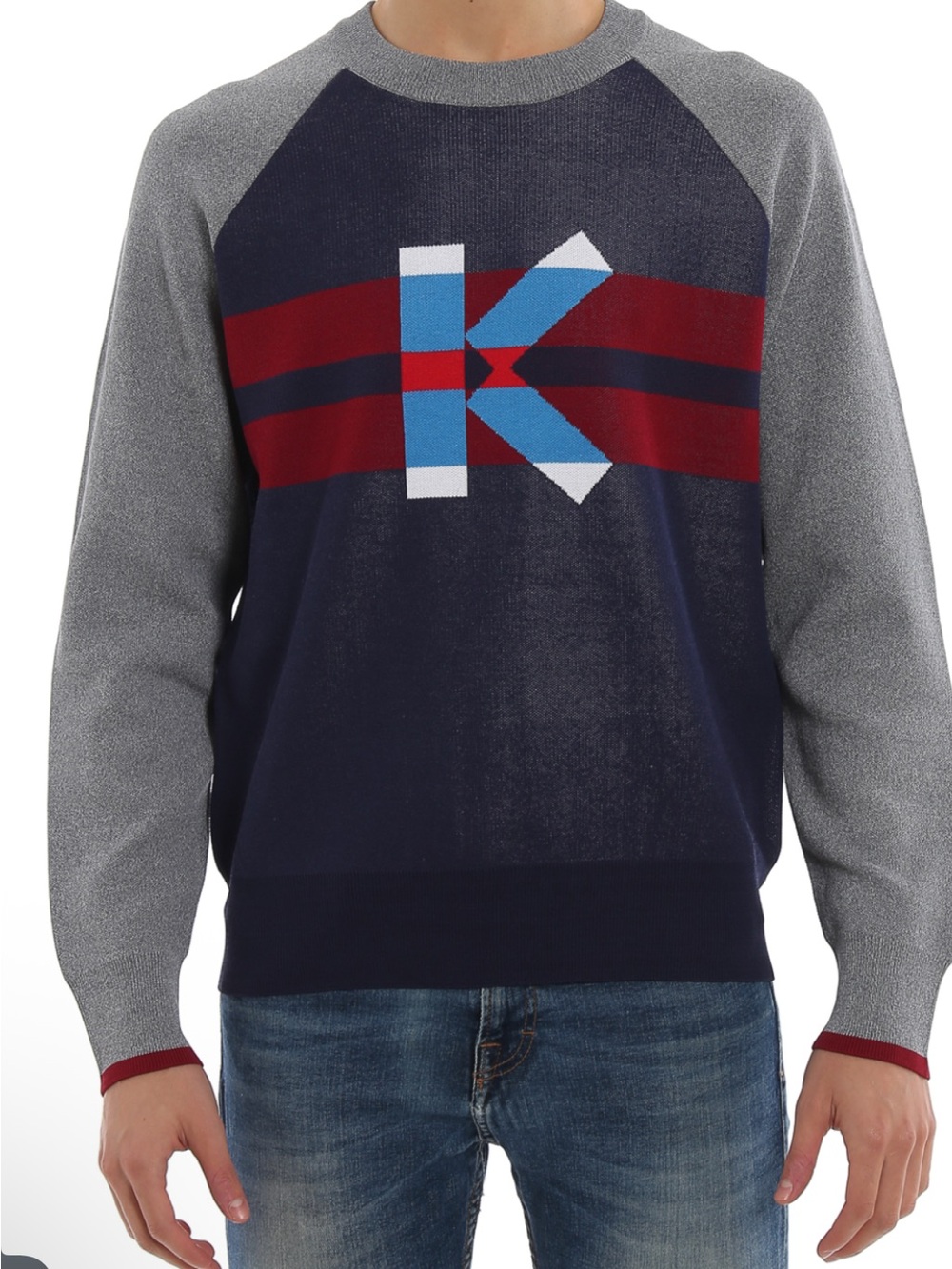Kenzo Navy, Gray and Red Crewneck with Blue K Logo